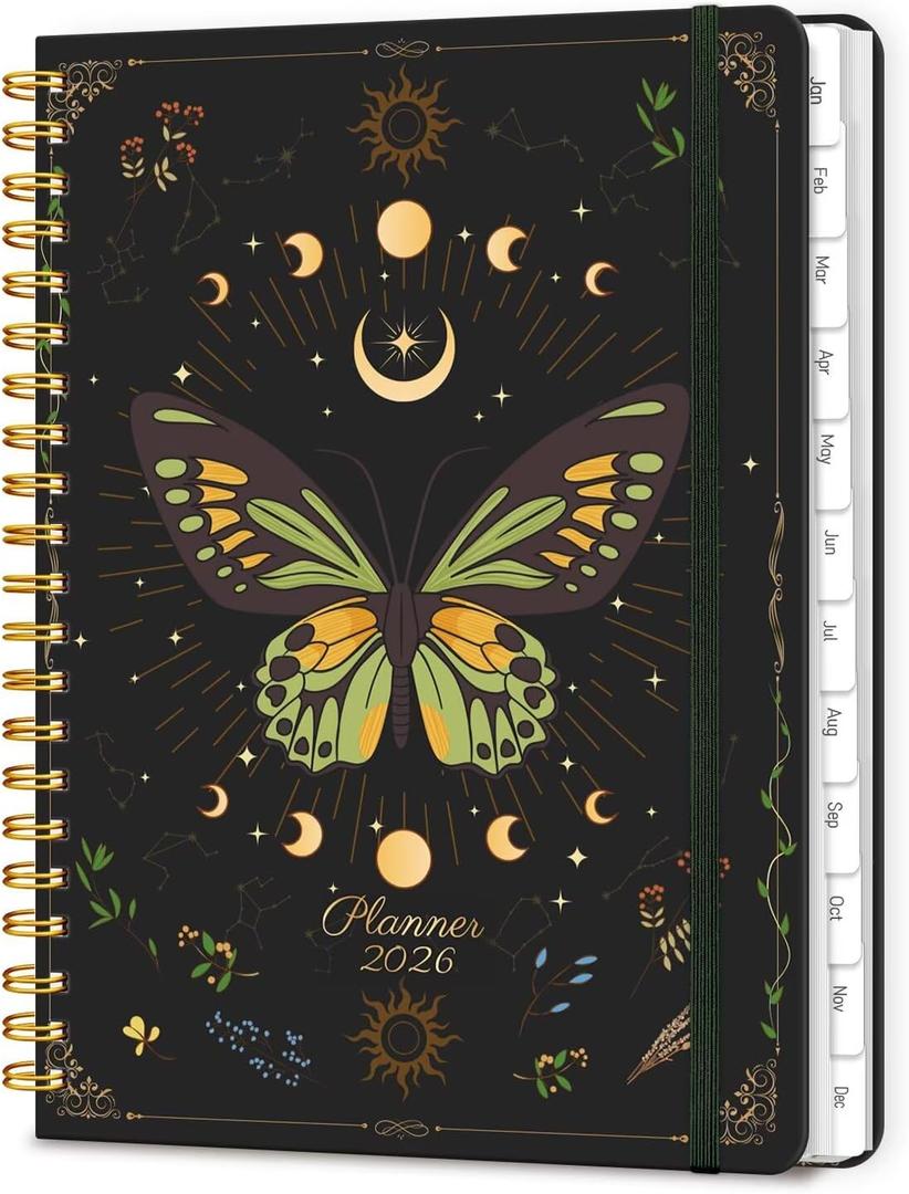 2026 Planner, A5 Weekly and Monthly Planners with Tabs, Spiral Bound Daily Calendar 2026 Planner, Agenda Organizers from Jan. to Dec., Hardcover Habit Tracker Journal 6.18" x 8.5" (Green Butterfly)
