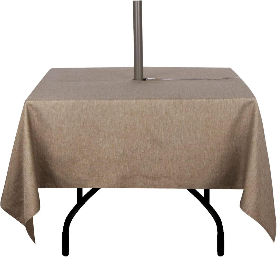 Outdoor Tablecloth Wrinkle-Free Stain Resistant Waterproof Polyester Fabric Table Cover with Zipper Umbrella Hole for Picnic/Party/Dinner/Patio Garden (6060inch Square, Zippered, Flax)