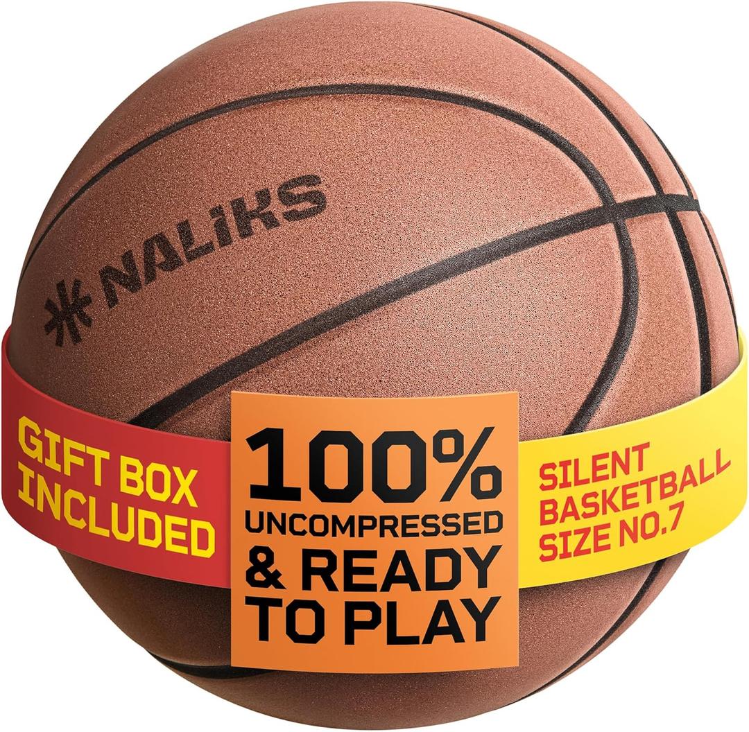 Silent Basketball Size 7, 29.5  Airless Indoor Basketball | Gift Box Included, Pro PU Foam Basket Ball, for Quiet Dribbling Indoor, Real Grooves, 90% Bounciness, 12.7 Oz (Brown)