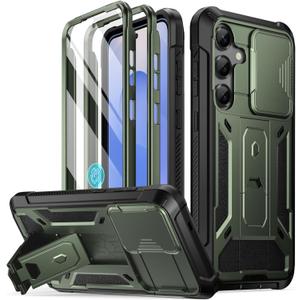 Poetic Spartan Case for Galaxy S25 6.2", [Slide Camera Cover] [Screen Protector Works with Fingerprint ID] Military Grade Rugged Shockproof S25 Phone Case with Kickstand, Metallic Green