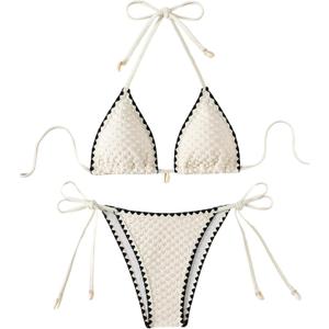 SHENHE Women's 2 Piece Triangle Tie Side Beach Bikini Sets Geo Print Halter Swimsuit Bathing Suit X-Small, Gear Edge Beige
