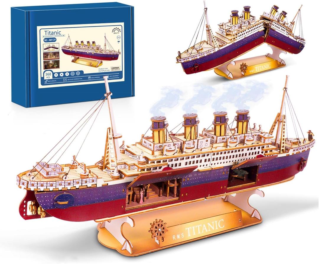 Vziimo Titanic 3D Puzzles for Adults, LED Titanic Metal Ship Model Building Kits for Home Desk Decor, 368 Pcs Wooden DIY Arts and Crafts Collection Gifts for Couples Women Kids 12 +