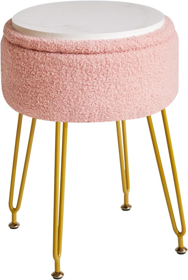 IBUYKE Teddy Velvet Storage Footrest Stool Ottoman, Makeup Vanity Stool Side Table with Removable Cover, Golden Steel Legs, Coffee Table Top Cover, Pink WBD010P