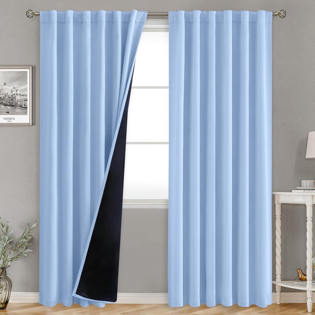 BGment Full Blackout Curtains with Thermal Insulation Liner Curtains 90 Inches Long, Rod Pocket and Back Tab Double Layer Room Darkening Window Curtain for Bedroom(52 x 90 Inch, 2 Panels, Light Blue)