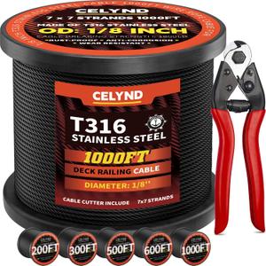 Black Stainless Steel Cable for Railing - 1000FT 1/8" T316 Wire Rope for Deck Cable Railing System Kit, 0.13 inches