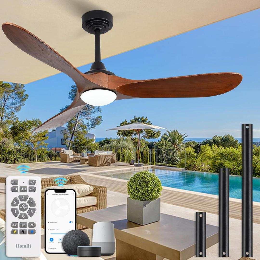 52 Outdoor Ceiling Fan with Light and Remote via WiFi Alexa, 3 Walnut Solid Wood Blade, Noiseless Reversible Dc Motor, Smart Outdoor Wood Ceiling Fan for Farmhouse Patios, Walnut