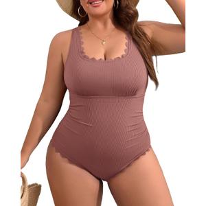 Charmo Plus Size Swimsuit for Women 2026 Tummy Control Scalloped Ribbed One Piece Swimsuits Ruched Modest Bathing Suit (Pink, XXL)