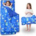 Toddler Nap Mat with Pillow and Blanket, Extra Large Rolled Napping Mats, Slumber Bags for Boys Girls, Kids Sleeping Bag for Daycare, 21" x 50" Preschool Travel Camping - Blue Dinosaurs