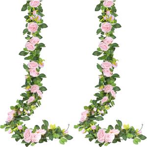 Sggvecsy 2Pcs 15.5Ft Artificial Rose Vine Fake Flower Garland Floral Garland Faux Silk Hanging Vine Rose Ivy Vines for Wedding Arch Party Wall Garden Ceremony Background Outdoor Decor (Pink)