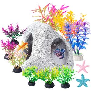COMSUN 12 PCS Aquarium Decoration Cave Set, Ceramic Fish Tank Hideaway Rock Accessories, Colorful Plastic Aquarium Plants & Resin Starfish, Small Fish Tank Ornaments for Pet Fish to Hideout and Rest
