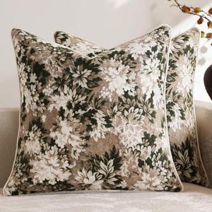 DEZENE Pack of 2 Vintage Floral Euro Sham Covers 26x26 Boho Farmhouse Accents Chenille Square Decorative Throw Pillow Cases for Living Room Couch Bed Home Decor, Green and Taupe