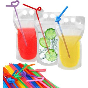 100 Pcs Drink Pouches with 100 Straw Holes, Freezable Juice Pouches, Translucent Reclosable Zipper Plastic Pouche Drink Bags for Cold & Hot Drinks for Adults and Kids