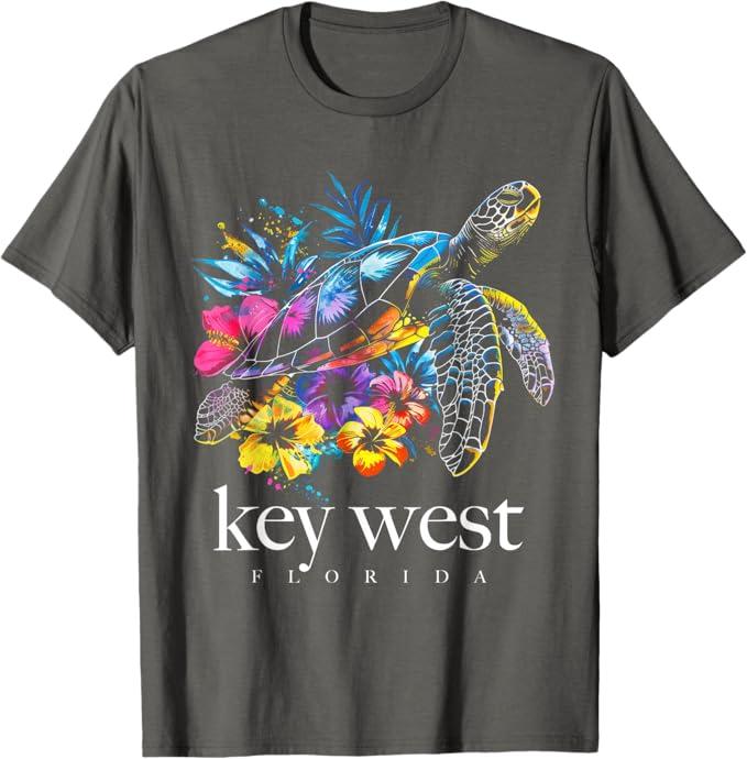 Key West Beach Florida Turtle Flowers Surfer Souvenir T-Shirt, Size L