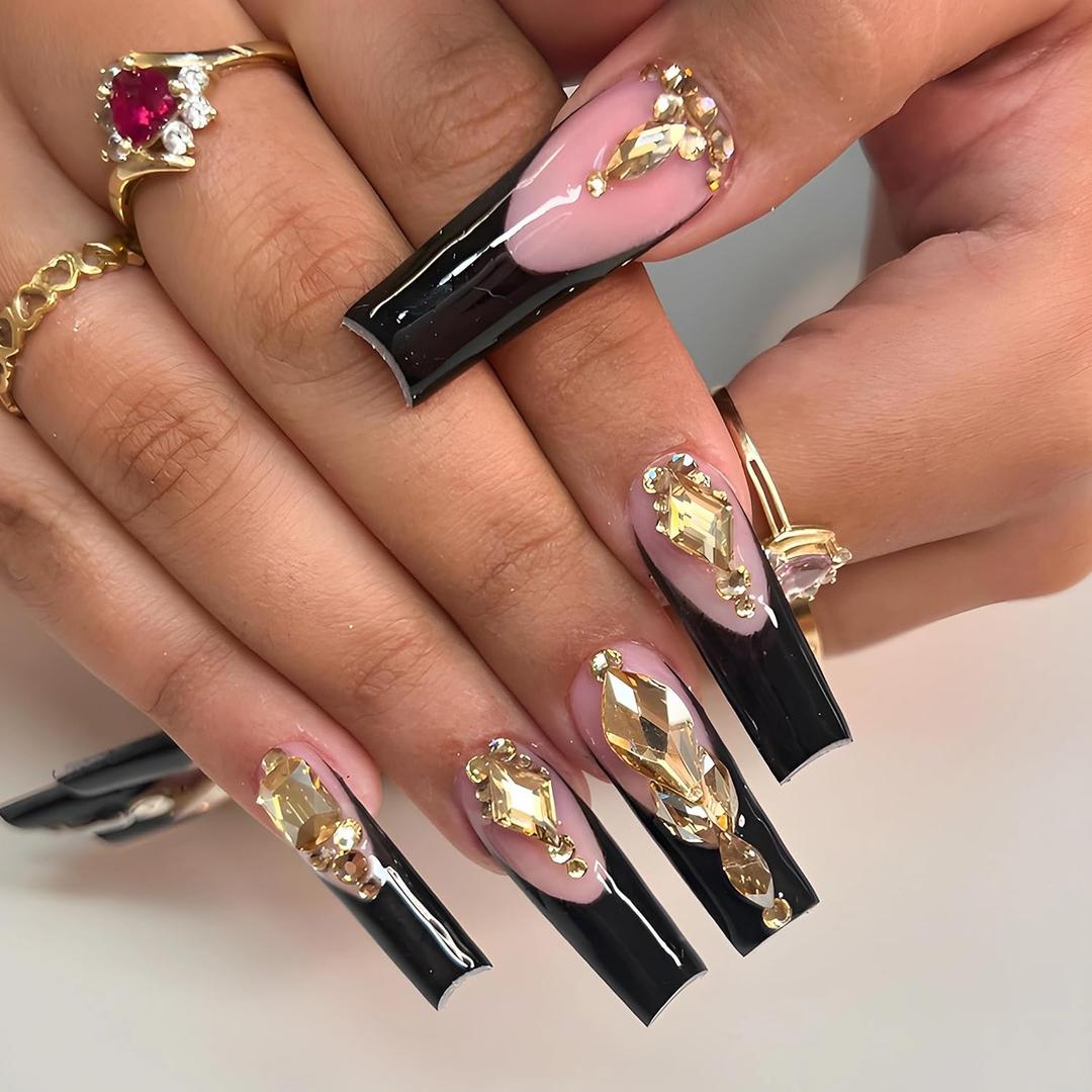 2 x MERVF Square Press on Nails Extra Long Fake Nails Black French Tip Glue ons 3D Rhinestones Design Acrylic Supplies DIY Luxury Manicure Glossy 24pcs