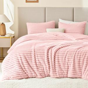 EXQ Home Fluffy Comforter Set Queen Size - Super Soft Faux Fur Stripe Jacquard Comforter 3 Pieces, Pink Fleece Bedding Set,Winter Warm Bed Set,1 Comforter with 2 Pillowcases