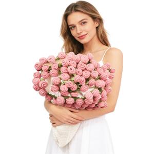 43 Inch Crochet Flower Bouquet Blanket, Handmade Knitted Blanket with 52 Rose Flowers, Ideal Birthday Wedding Anniversary for Women Mom, Wife, Girlfriend (Pink Rose)