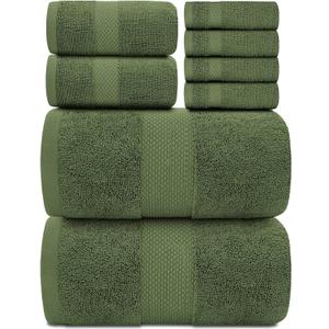 White Classic Luxury Bath Towel Set of 8 Pieces - 100% Turkish Cotton Highly Absorbent Towels for Bathroom, 2 Luxury Bath Towels 700GSM, 2 Hand Towels, 4 Washcloths, Sage Green
