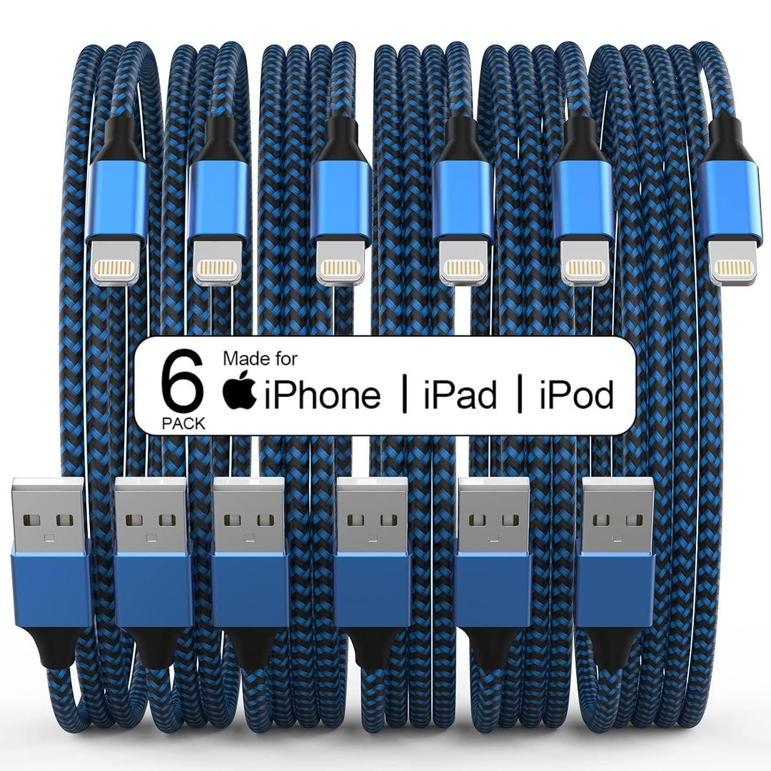 6Pack(3/3/6/6/6/10 FT)[Apple MFi Certified] iPhone Charger Long Lightning Cable Fast Charging High Speed Data Sync USB Cable Compatible iPhone 14/13/12/11 Pro Max/XS MAX/XR/XS/X/8/7/Plus iPad AirPods (Black and Blue)
