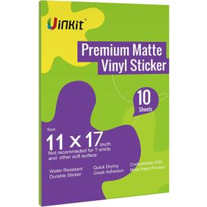 Uinkit Printable Premium Vinyl Sticker for Inkjet Printer 11x17 inch 10Sheets Matte White Sticker Paper Waterproof Adhesive Vivid Colors