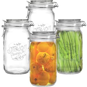 Tebery 4 Pack Clear Wide Mouth Glass Mason Jars with Airtight Clamp Lids, 32Oz Glass Storage Containers Large Kitchen Canisters for Food, Flour, Pasta, Coffee, Candy, Dog Treats, Snacks & More