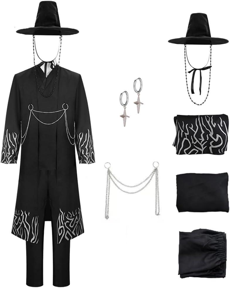 Adult Jinu Costume Mens Halloween Cosplay Black Uniform Hanfu Suit Coat Shirt Pant Belt Hat Set