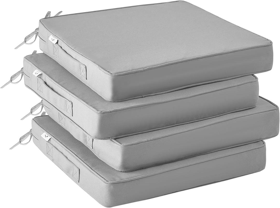 Outdoor Chair Cushions Set of 4 -Waterproof Outdoor Seat Cushions for Patio Furniture, Patio Chair Cushion with Handle and Ties, Square Out Door Chair Pads,19" x 19" x 3", Grey