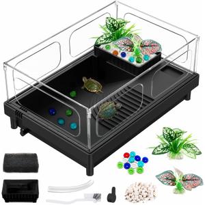 GOZILLA Small Turtle Tank, Acrylic Turtle Tank Starter Kit, Reptile Habitat and Terrarium with Multi-Functional Areas for Tortoise, Crab, Crayfish, Small Reptile.(Black Tank)