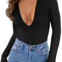 REORIA Women's Trendy Sexy Plunge Deep V Neck Long Sleeve Bodysuit Double Lined Going Out T Shirt Tops Black M