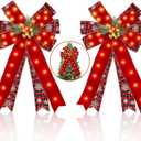2 Pcs LED Large Red Christmas Bows Decorations, 20 X 12 Red Bow Linen Wreath with Bow Bells, Berry, Pine Cones for Christmas Tree Topper Outdoor Indoor Home Front Door Decor, 40 Warm Lights