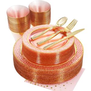 Nervure 175PCS Pink and Gold Plastic Plates - Pink Disposable Plates : 25 Dinner Plate,25 Dessert Plate, 25 Forks,25 Knives, 25 Spoons, 25 Cups,25 Napkins for Wedding & Party & Mother's Day