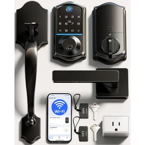 Veise VE017G-H Wi-Fi Smart Fingerprint Front Door Lock Set, Remote App Control, Keyless Entry Deadbolt with Handle, Backlit Keypad, IP55 Weatherproof, Auto Lock, Easy to Install, Matte Black