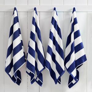 Great Bay Home 100% Cotton Velour 4 Pack Beach Towels 30" x 60" - Navy Cabana Stripe Pool Towels - Quick Dry, Large Swim Towels