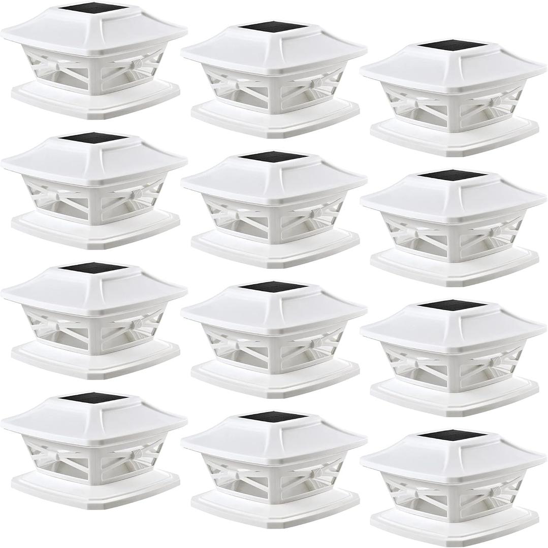 Davinci Lighting Flexfit Solar Outdoor Post Cap Lights - Includes Bases for 4x4 5x5 6x6 Wooden Posts - Bright LED Light - Pearl White (12 Pack)