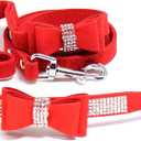 Dazzling Rhinestone Dog Collar with Soft Fabric and Crystal Bow Tie - Elegant and Glamorous Puppy Collars for Small Dogs with Leash in Red, XXS