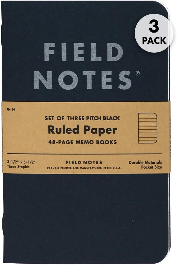 Field Notes 3-Pack Pitch Black Memo Books (3.5" X 5.5"), Ruled, 48 Pages | Thin Pocket Sized EDC Notebook With 90 GSM Paper & Paperback Cover | Work Notebooks For Note Taking | Made in the USA