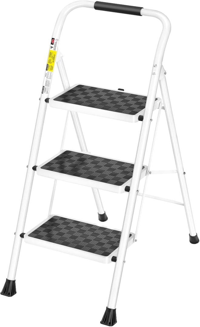 HBTower 3 Step Ladder,3 Step Stool for Adults Folding Step Stool with Cushioned Handle with Wide Anti-Slip Pedal Ergonomic Design (White)