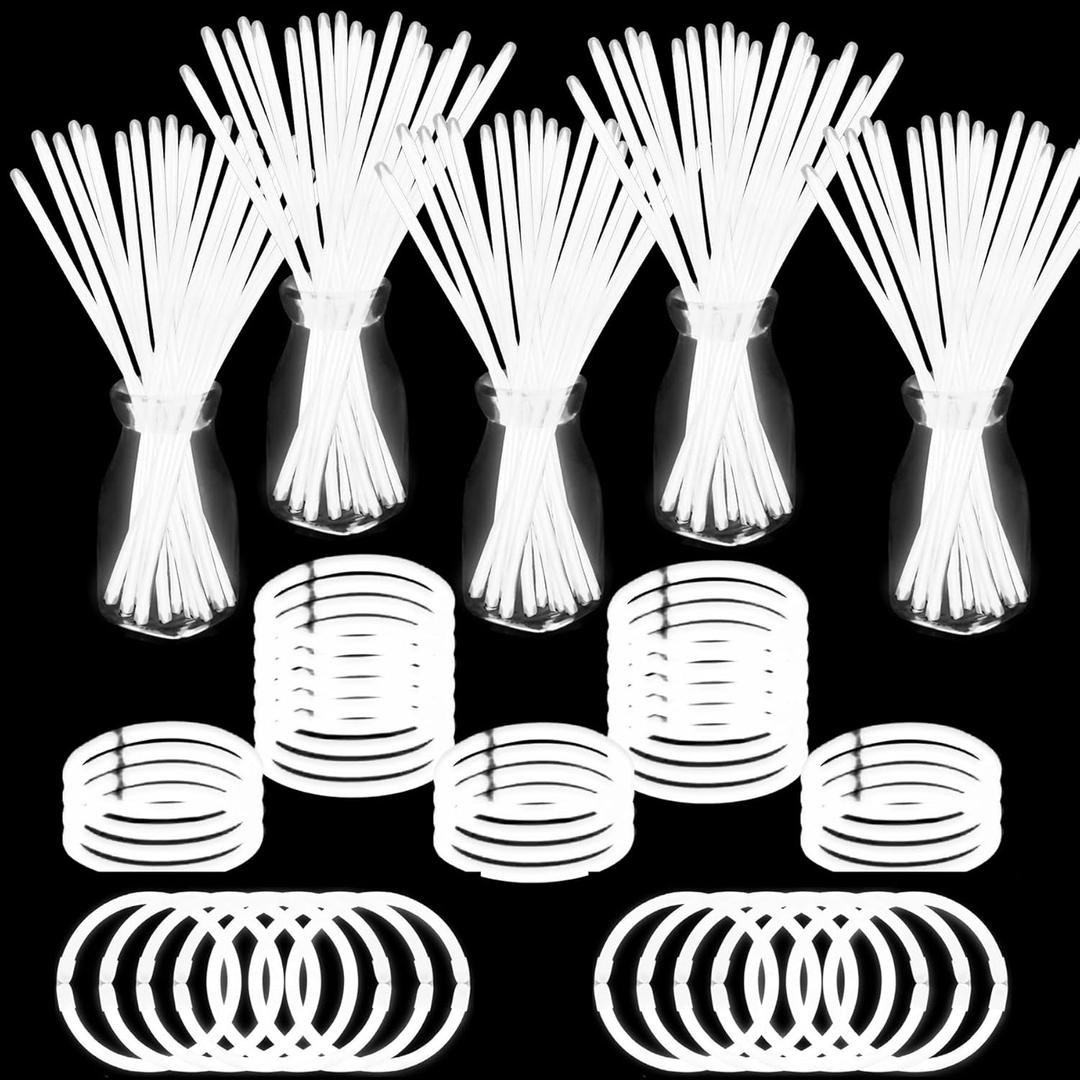 500 PCS White Glow Stick Bracelets Necklaces 8" Glowsticks with Connectors Bulk Glow in The Dark Party Supplies Light Up Neon Party Favor for Christmas NewYear Valentines Day Wedding