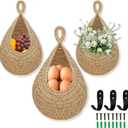 Hanging Fruit Basket for Kitchen, 3 Pack Wall Hanging Fruit Baskets with 3 Hooks, Boho Hanging Wall Basket, Hanging Kitchen Baskets for Fruits, Vegetables and Onion Storage, Linen