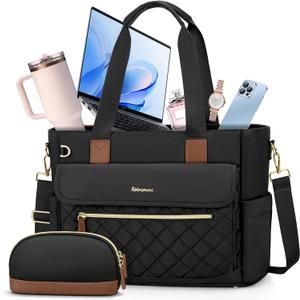 RAINSMORE Teacher Tote Bag 15.6 inch Laptop Bag for Women with Small Bag Work Bags Nurse Bag Professional Computer Briefcase (Black)