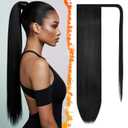 BARSDAR Natural Black Straight Ponytail Extension - 26 Inch Long Straight Wrap Around Ponytail for Black Women, Clip in Pony Tail Hair Extensions Synthetic Pony Tails Hairpieces Daily