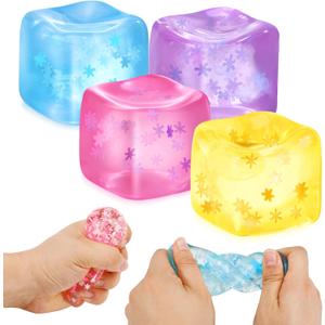 Fidget Toy Stress Cube- 4 Pack Sensory Squeeze Toys, Slow Rising Squishy Cube Filled with Thick Substance and Snowflakes Crafts, Anxiety Stress Relief Calming Tool for Adults and Kids