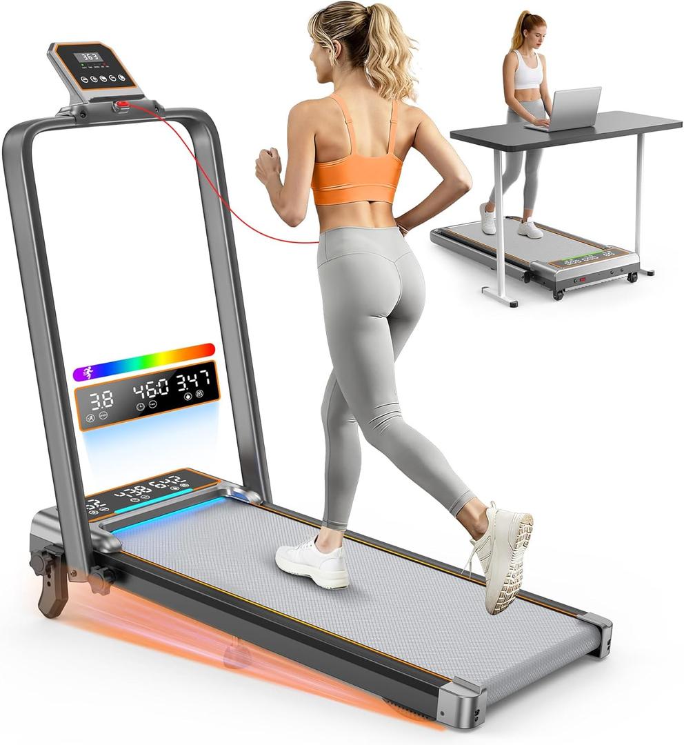 Walking Pad Treadmill with 12% Incline & Dual LED Display, 4 in 1 Walking Pad with Handle Bar, 3.5HP Foldable Under Desk Treadmill, Portable Treadmills for Home 350LBS, 4 Adjustable Incline, RGB Light (Silver)