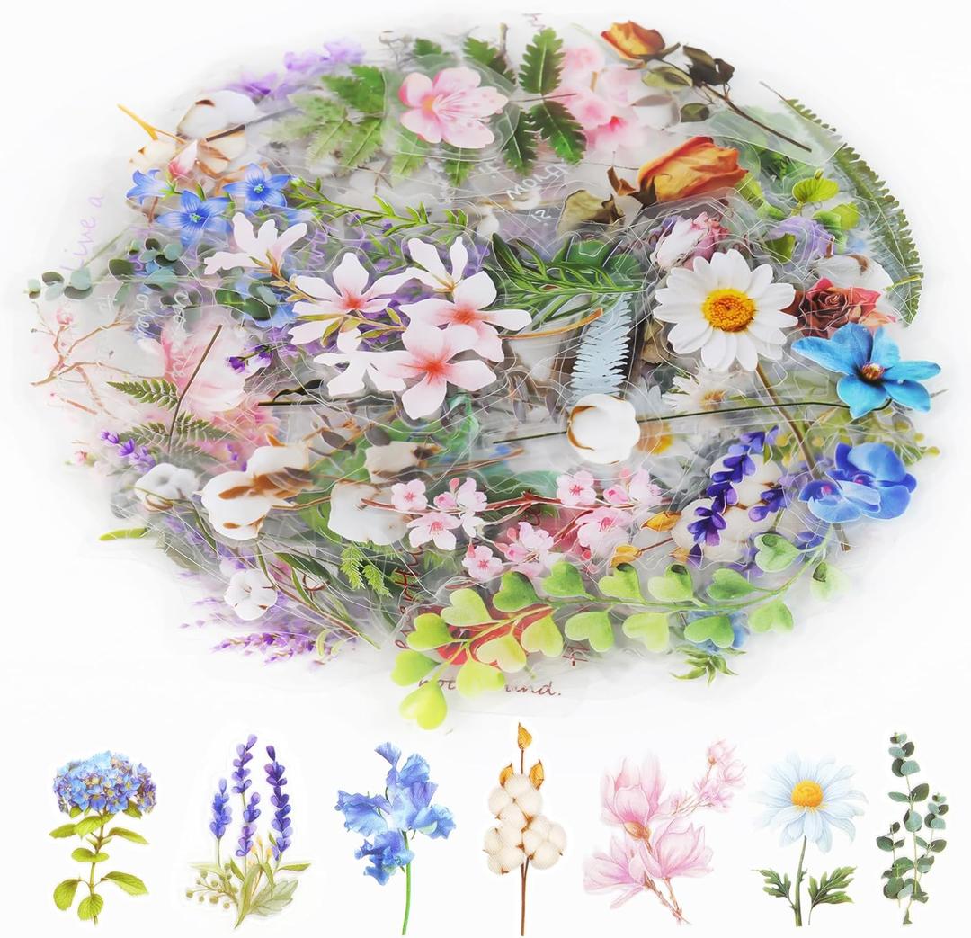  Natural Flower Stickers for Scrapbooking,Self-Adhesive Transparent Flower Stickers Scrapbook Supplies Journaling Supplies for Adult Card Making Letters DIY Water Bottle Cards Decoration