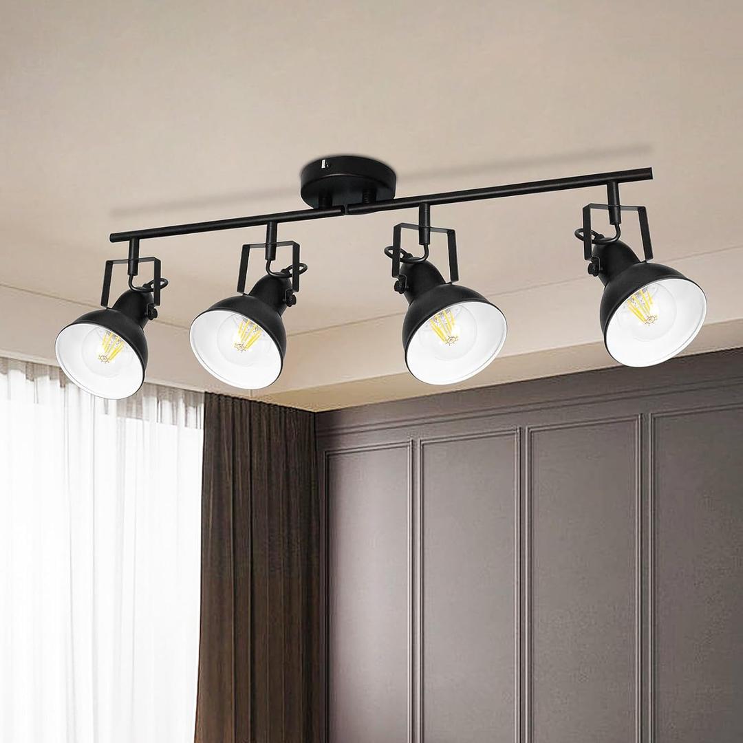 HiBay Track Lighting Fixtures Ceiling, Adjustable 4-Light Ceiling Spot Light, Industrial LED Track Lights Black Spotlight Indoor for Kitchen, Dining Room, Bedroom, E26 Base (Bulb Not Included)