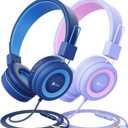 iClever [2 Pack] Kids Headphones with Microphone for Online Schooling - Safe Volume Limited 85dB/94dB, Adjustable Foldable Headphones for Girls/Boys/Airplane/Computer/Laptop (Purple&Blue)