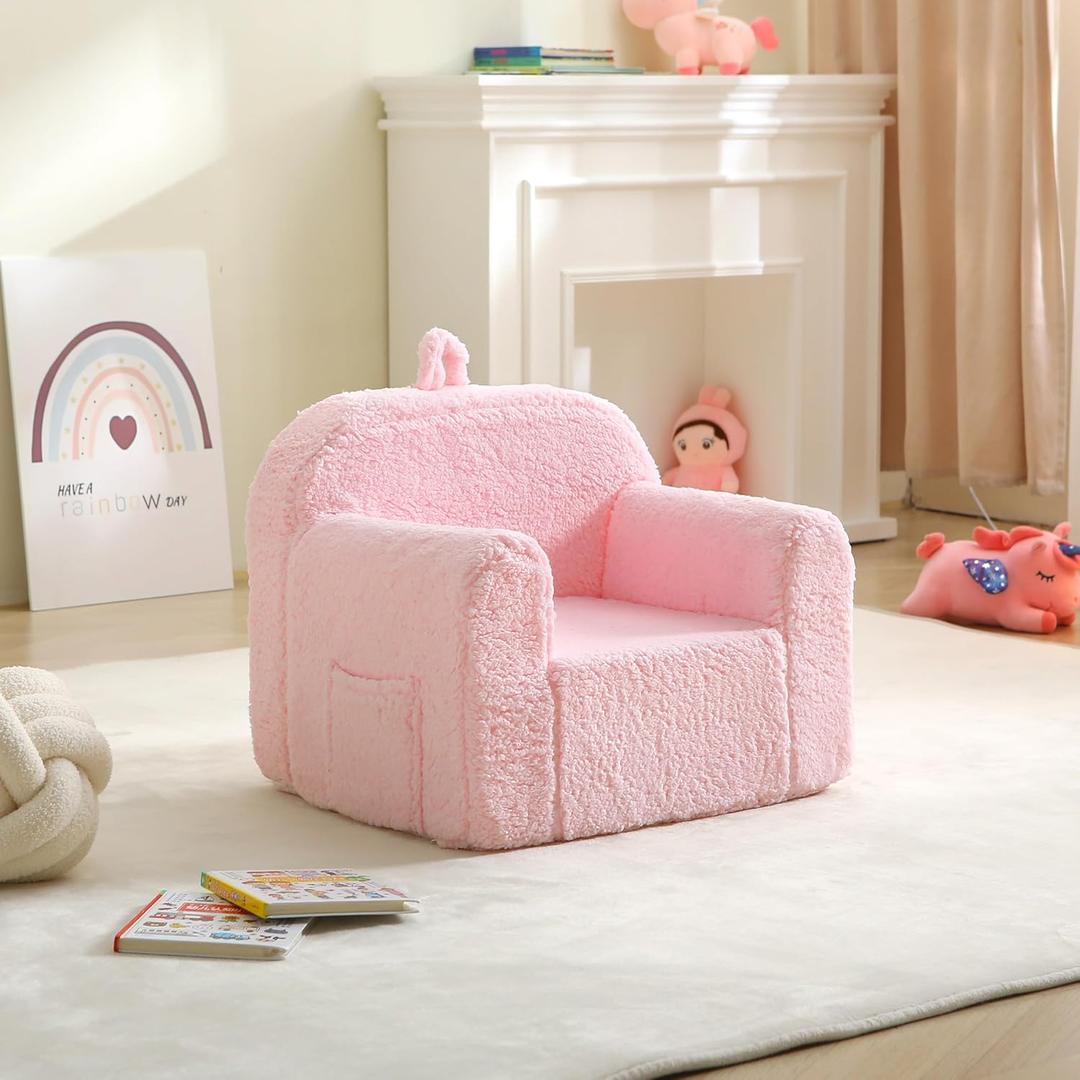 Kids Chair Comfy Toddler, Soft Baby Chair for Boys & Girls, Portable Toddler Reading Armchair with Removable Washable Sherpa Cover, Pink