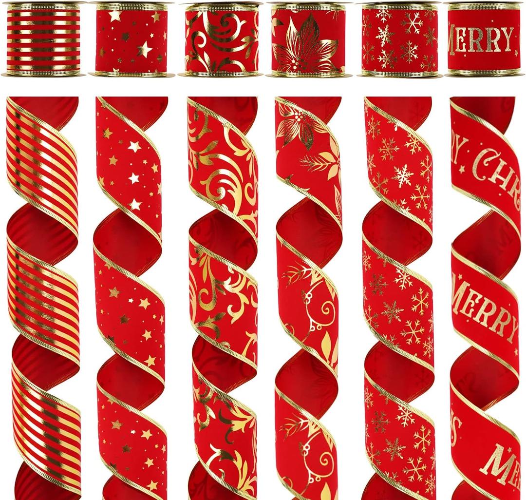 MEEDEE Red Velvet Wired Ribbon - 2.5 Inch, 6 Rolls, 36 Yards - Ribbon Set for Christmas Trees