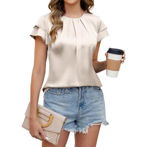 Blooming Jelly Womens Dressy Business Casual Blouse Pleated Ruffle Short Sleeve Satin Silk Work Shirt Summer Tops 2025 (Small, Apricot)