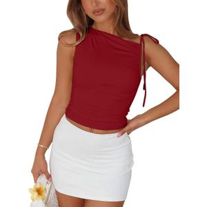 Women's One Shoulder Tank Top Sleeveless Straps Slim Fit Basic Cropped Going Out Tops (Medium, Red)
