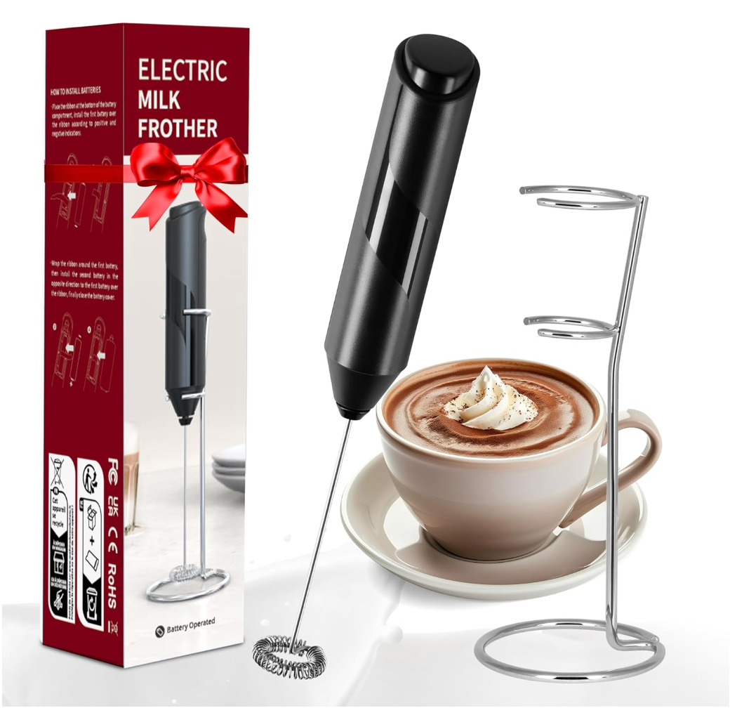 YSSOA Electric Milk Frother Handheld with Stainless Steel Stand Battery Operated Whisk Drink Mixer for Coffee, Frappe, Latte, Matcha, Hot Chocolate, Mini Hand Blender, Black